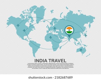 Travel to India poster with world map and flying plane route business background tourism destination concept