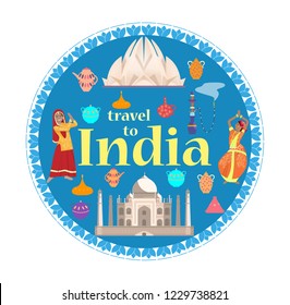 Travel to India round concept. Indian coulture clipart in flat style in ornamental circle. Lotus temple, Taj Mahal, women dancing in national dresses, pottery, hookah.