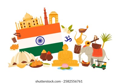 Travel to India set, elements of traditional culture and landmarks, giant flag and food in infographic collage banner. Indian Gate in Delhi, Taj Mahal and Lotus Temple cartoon vector illustration