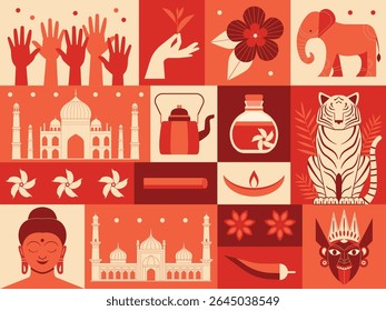 Travel to India square icons poster with famous symbols of Hindustan. Vintage design greeting card, travel to Asia elements set. Retro graphics cliparts cultural collage, featuring Bharat landmarks.
