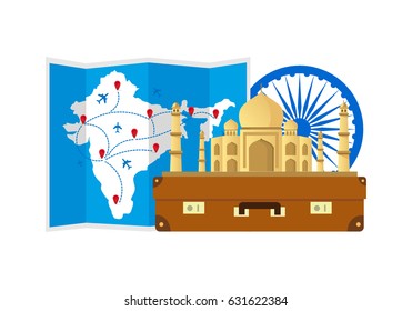 Travel to India, Taj Mahal in India isolated on white background with travel map and suitcase. Vector illustration, flat design.