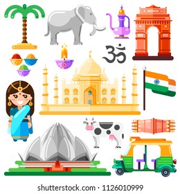 Travel to India vector icons and design elements. Indian national symbols and landmarks flat illustration.