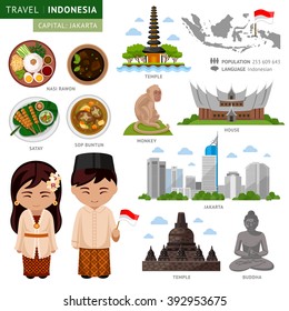 Travel to Indonesia. Bali. Set of traditional cultural symbols, cuisine, architecture. A collection of colorful illustrations for the guidebook.Indonesian peoples in national dress. Attractions.