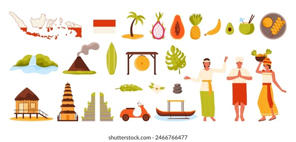 Travel to Indonesia, heritage landmark and national culture symbol set. Indonesian man and woman in ethnic costumes dance, street food and fruit, Hindu temples for tourism cartoon vector illustration