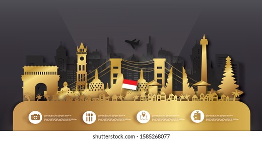 Travel Indonesia postcard, poster, tour advertising of world famous landmarks in paper cut style. Vectors illustrations
