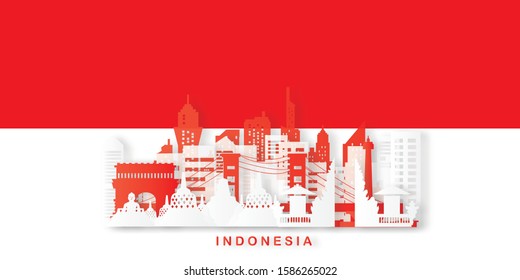 Travel Indonesia postcard, poster, tour advertising of world famous landmarks in paper cut style. Vectors illustrations