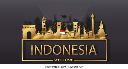 Travel Indonesia postcard, poster, tour advertising of world famous landmarks in paper cut style. Vectors illustrations