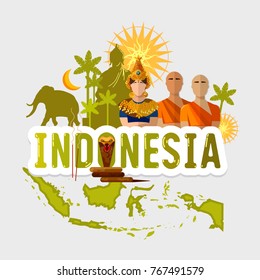 Travel to Indonesia. Traditions and culture,  Welcome to Indonesia. Collection of symbolic elements. Template indonesian travel background 