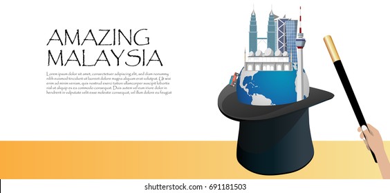 Travel infographic .Amazing  Malasia ,Malasia infographic , Magician Hat with Earth and Wand. Discover Malasia concept.