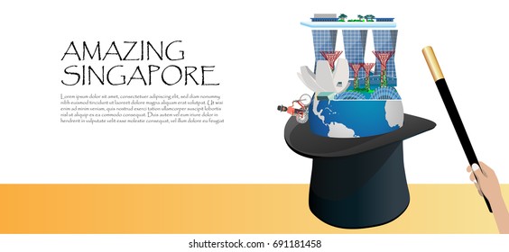 Travel infographic .Amazing  Singapore , Singapore infographic , Magician Hat with Earth and Wand. Discover Singapore concept.