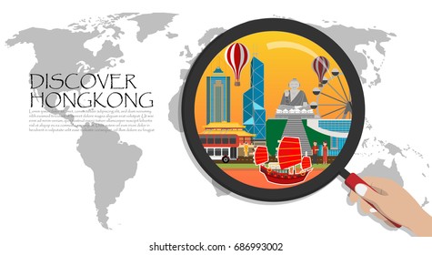 Travel infographic. China infographic . discover China;World Map with Magnifying Glass,hand holding magnifying glass,Discover Hongkong concept.