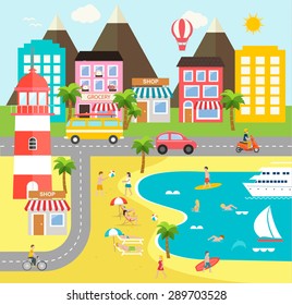 Travel infographic design elements. Sea resort landscape infographics elements with people swimming and surfing tanning in the sun, playing beach ball on sand, cycling, vector illustration