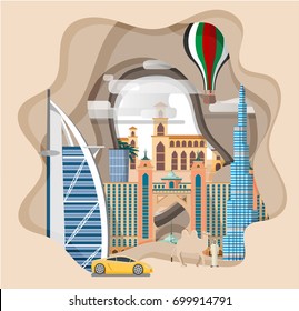 Travel Infographic  ,Discovering Dubai , Paper Art Dubai Landmarks Concept.