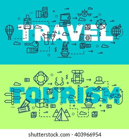 Travel infographic icons items design. Vacation rest with any elements set. Tour, trip, journey outline illustrations vector background. Tourist image on thin line style concept