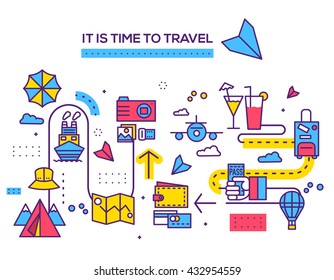 Travel infographic icons items design. Vacation rest with any elements set. Tour trip, journey outline illustrations vector background. Tourist image on thin line style concept