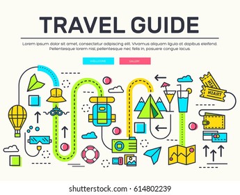 Travel infographic icons items design. Vacation rest with any elements set. Tour, trip, journey outline illustrations vector background. Tourist image on thin line style concept