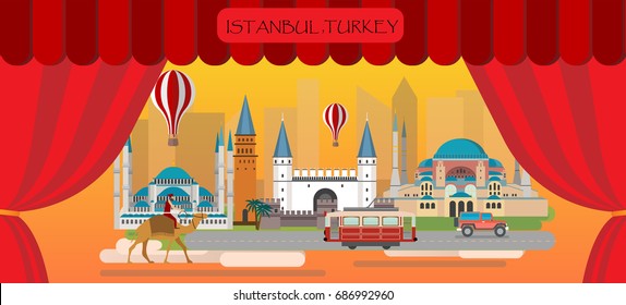 Travel infographic. Istanbul  infographic tourist sights of Turkey, welcome to Turky. Turkey  infographic. Travel to Turkey presentation template,show on stage ,red curtain