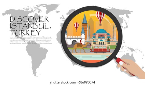 Travel infographic. Istanbul  infographic tourist sights of Turkey,World Map with Magnifying Glass,hand holding magnifying glass,Discover Turkey concept.