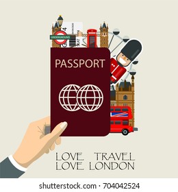 Travel infographic . london  infographic , hand holding passport  with landmarks of England.