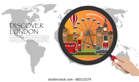 Travel infographic. London infographic tourist sights of Great Britain. England infographic . discover london;World Map with Magnifying Glass,hand holding magnifying glass,Discover england concept.