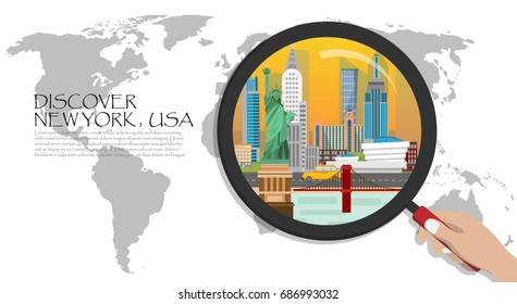 Travel infographic. New york  infographic tourist sights of USA ,World Map with Magnifying Glass,hand holding magnifying glass,Discover New york concept.