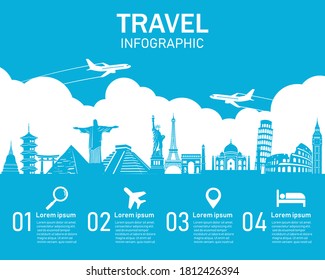 Travel infographic on blue background. famous landmarks of the world. landmark tourism and transport. vector illustration in flat style modern design.