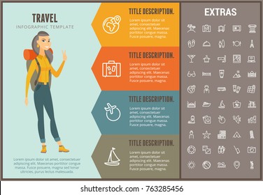 Travel infographic options template, elements and icons. Infograph includes line icon set with tourist attraction, luggage cart, travel planning, holiday vacation, traveler, hotel accommodation etc.