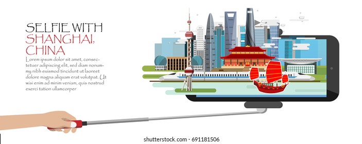 Travel infographic .selfie with Shanghai. China infographic ,Selfie stick with mobile or cell phone. Discover Shanghai concept.