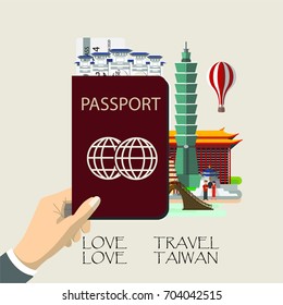 Travel infographic .Taiwan  infographic , hand holding passport  with landmarks of Taipei.