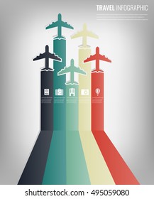 Travel infographic template with colorful airplanes. Flat design. Vector illustration