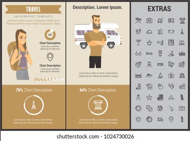 Modelo de infográfico de viagem, elementos e ícones. Infograph inclui gráficos personalizáveis, gráficos, ícone de linha definido com atração turística, carrinho de bagagem, planejamento de viagens, férias de férias, viajante etc.