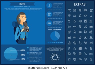 Travel infographic template, elements and icons. Infograph includes customizable graphs, charts, line icon set with tourist attraction, luggage cart, travel planning, holiday vacation, traveler etc.