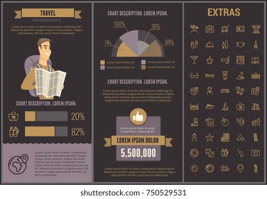Travel infographic template, elements and icons. Infograph includes customizable graphs, charts, line icon set with tourist attraction, luggage cart, travel planning, holiday vacation, traveler etc.