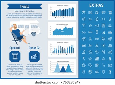 Travel infographic template, elements and icons. Infograph includes customizable graphs, charts, line icon set with tourist attraction, luggage cart, travel planning, holiday vacation, traveler etc.