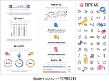 Travel infographic template, elements and icons. Infograph includes customizable graphs, four options, line icon set with tourist attraction, luggage cart, travel planning, holiday vacation etc.