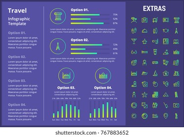 Travel infographic template, elements and icons. Infograph includes customizable graphs, four options, line icon set with tourist attraction, luggage cart, travel planning, holiday vacation etc.