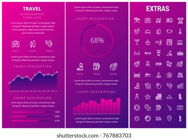 Plantilla de infografía de viajes, elementos e iconos. Infograph incluye gráficos personalizables, cartas, juego de iconos de línea con atracción turística, carrito de equipaje, planificación de viajes, vacaciones de vacaciones, viajero, etc.