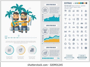 Plantilla y elementos de la infografía de viajes. La plantilla incluye ilustraciones de hombres hipster y un enorme e impresionante conjunto de iconos de línea delgada. Diseño de vector plano minimalista moderno.