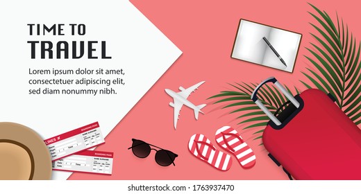 Travel Infographic, Time To Travel Vector Illustration With Travel Items On Pink Background And Place For Text 