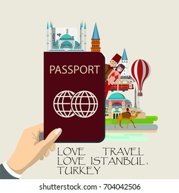 Travel infographic . Turkey  infographic , hand holding passport  with landmarks of Turkey.