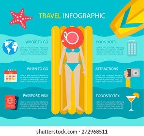 Travel infographic with young woman lying on yellow air mattress and tanning in summer. Summertime journey design elements, vector illustration