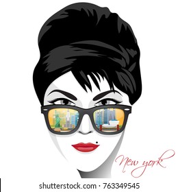 Travel infographic.America infographic. Portrait beautiful girl wearing sunglasses with a reflection of Landmarks in New york.