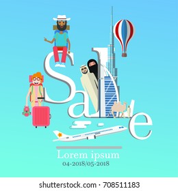 Travel infographic.Dubai  infographic, sale  lettering and famous landmarks ,Discover Dubai concept.