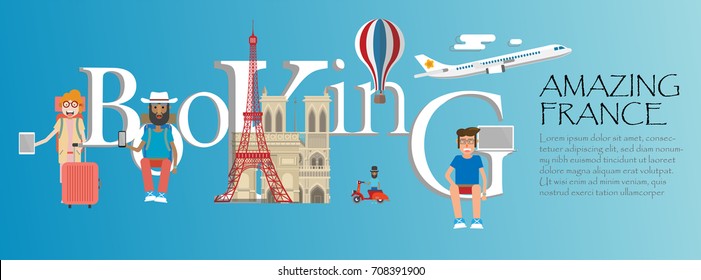 Travel infographic.France  infographic, booking  lettering and famous landmarks ,amazing Paris concept, booking online concept, travel.