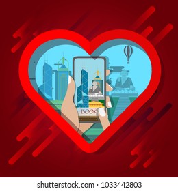 Travel infographic.Hongkong infographic, welcome to China.Smartphone in heart frame concept.