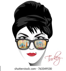 Travel infographic.Istanbul infographic. Portrait beautiful girl wearing sunglasses with a reflection of Landmarks in Turkey.
