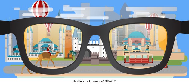 Travel infographic.Istanbul infographic. Sunglasses with a reflection of Landmarks in Turkey.