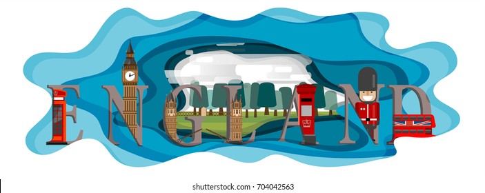 Travel infographic.London infographic, England  lettering and famous landmarks , England paper art concept.