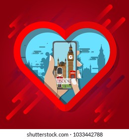 Travel infographic.London infographic, welcome to England.Smartphone in heart frame concept.