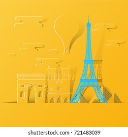 Travel infographic.Paris discover concept.yellow and blue paper art style.